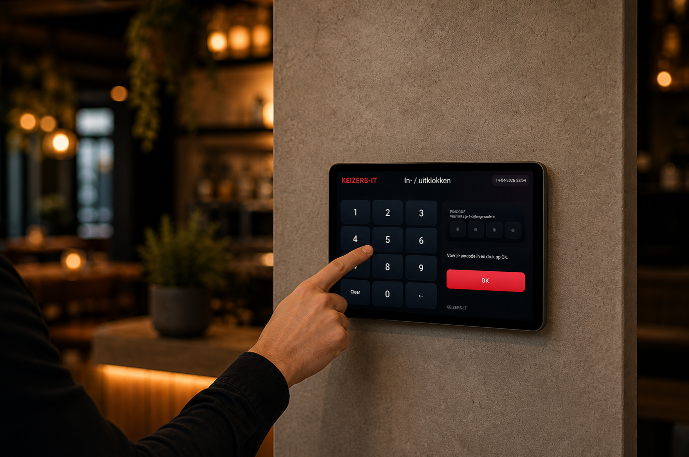 Tablet met het Keizers-IT inkloksysteem in een restaurantomgeving