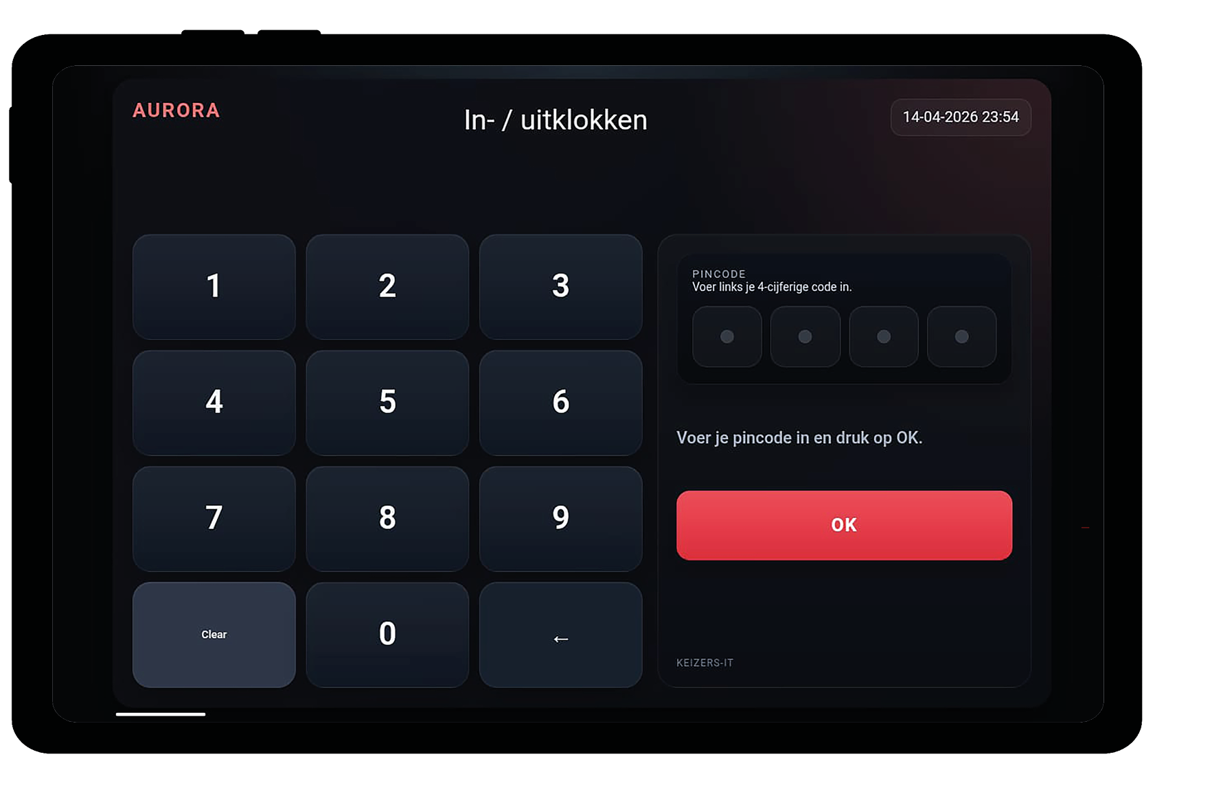 Tablet scherm voor in- en uitklokken